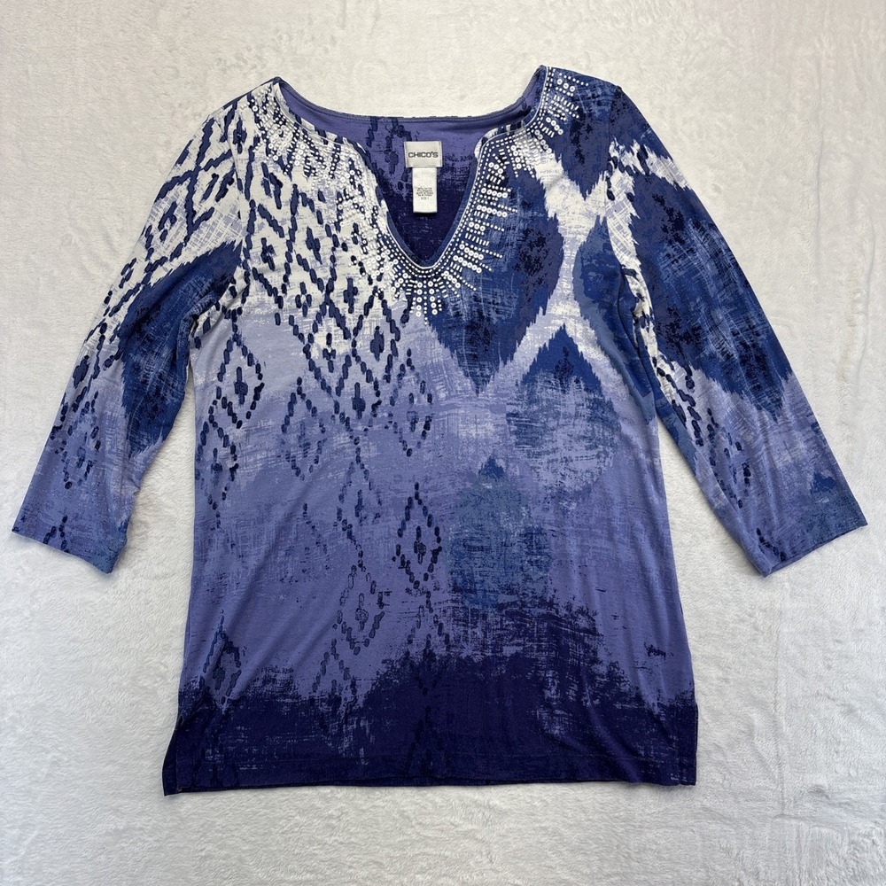 Chico's Blouse Womens Size 1 (4/6) Blue/White Pullover Embellishments 3/4 Sleeve
